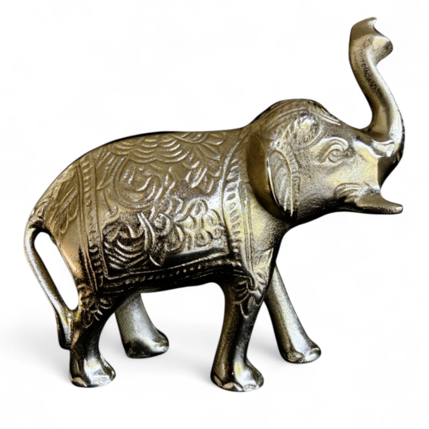 Decorative Gold Elephant Figurine, Metal Sculpture with Engraved Pattern, Trunk Up Design